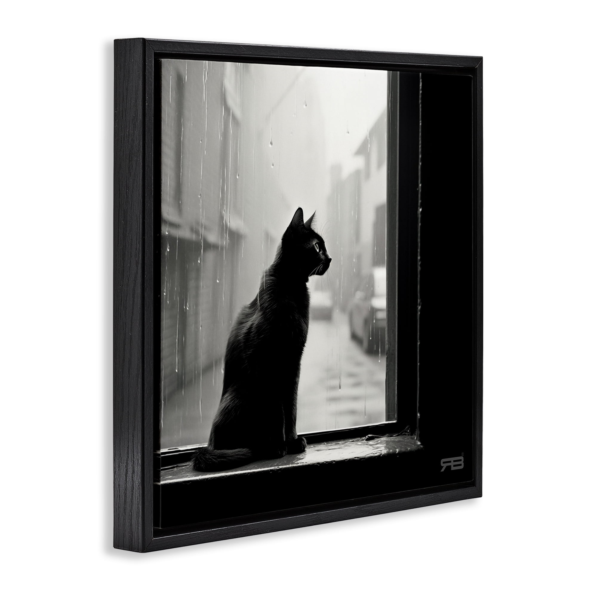 Stupell Industries Cat Gazing Rainy Window Animals & Insects Painting Black Floater Framed Canvas Art Print Wall Art, 25 x 25