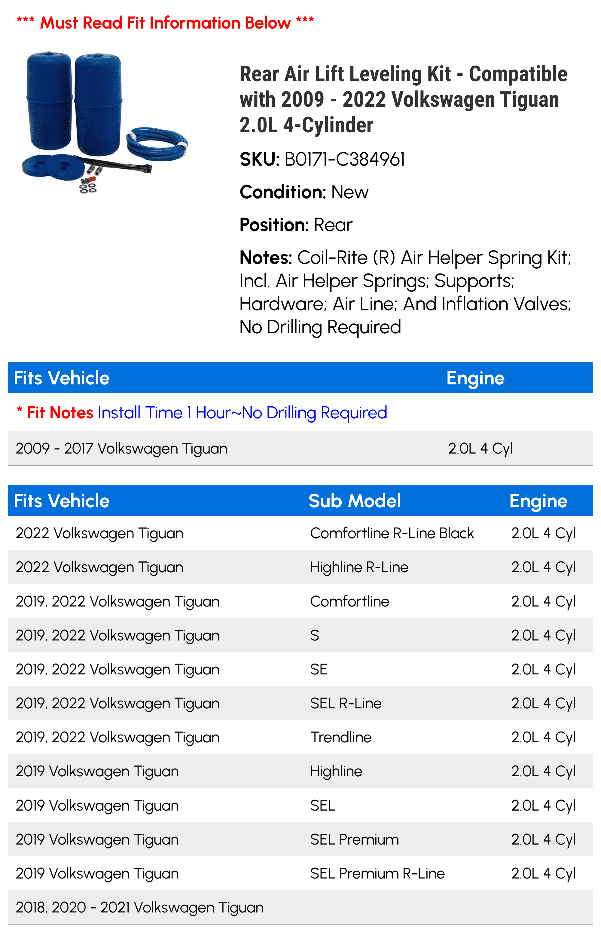Rear Air Lift Leveling Kit - Compatible with 2009 - 2022 Volkswagen Tiguan 2.0L 4-Cylinder 2010 2011 2012 2013 2014 2015 2016 2017 2018 2019 2020 2021