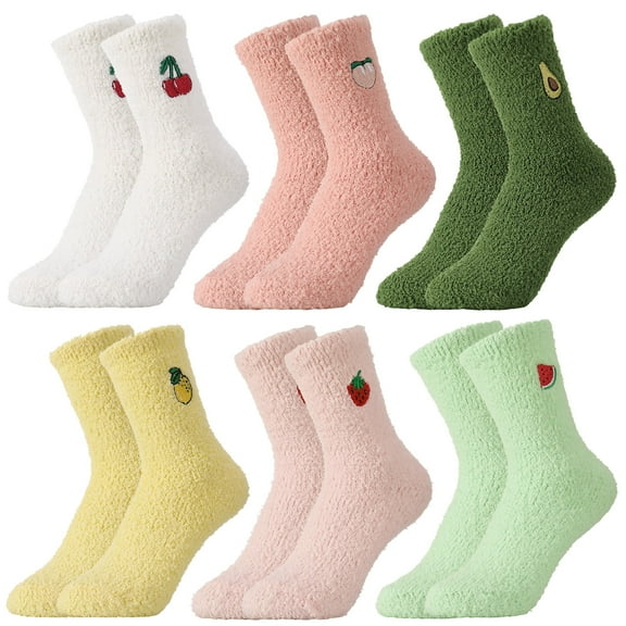 Bocaoying 6 Pairs Fuzzy Socks for Women, Cozy Fluffy Winter Warm Slipper Socks, Cute Fruit Shaped Thick Warm Plush Socks fit for US 5-10, Microfiber Winter Warm Slipper Socks