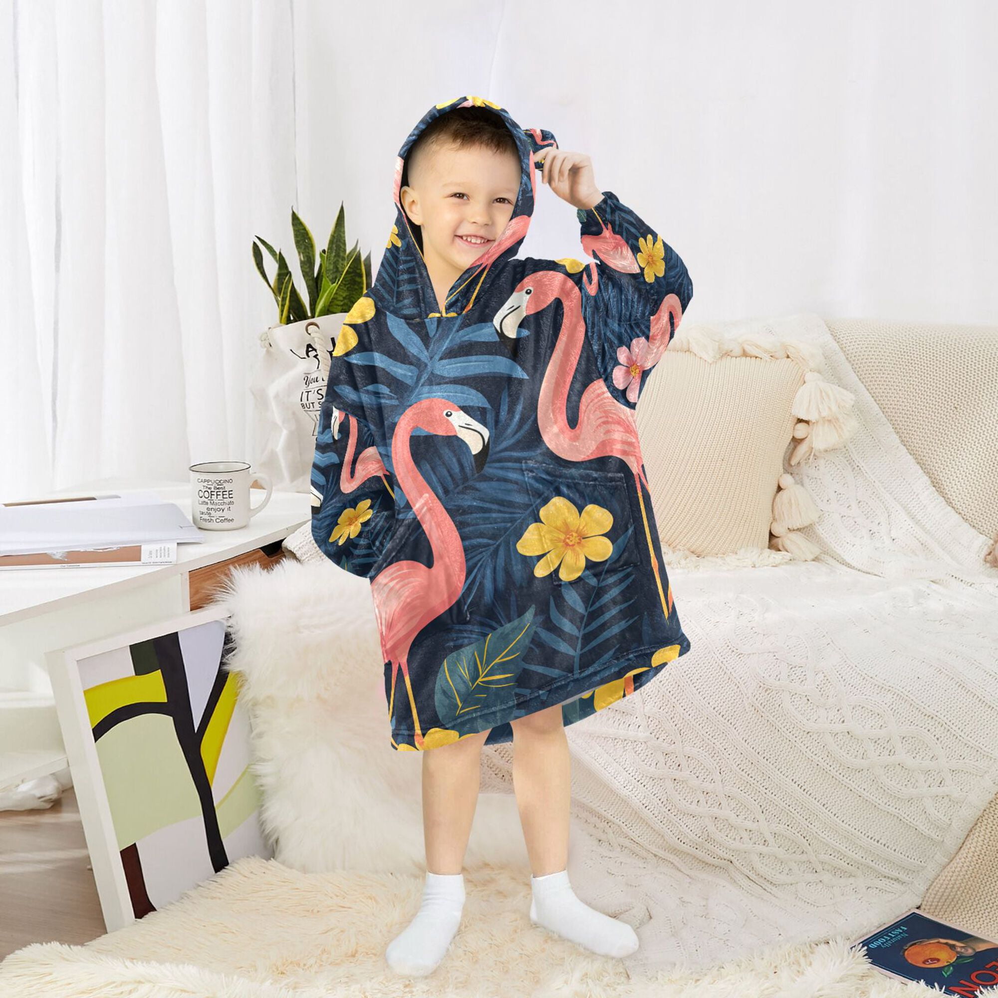 FORMRS Wearable Blanket Hoodie with Sleeves for Kids Cozy Flannel Sweatshirt, Floral Flamingo