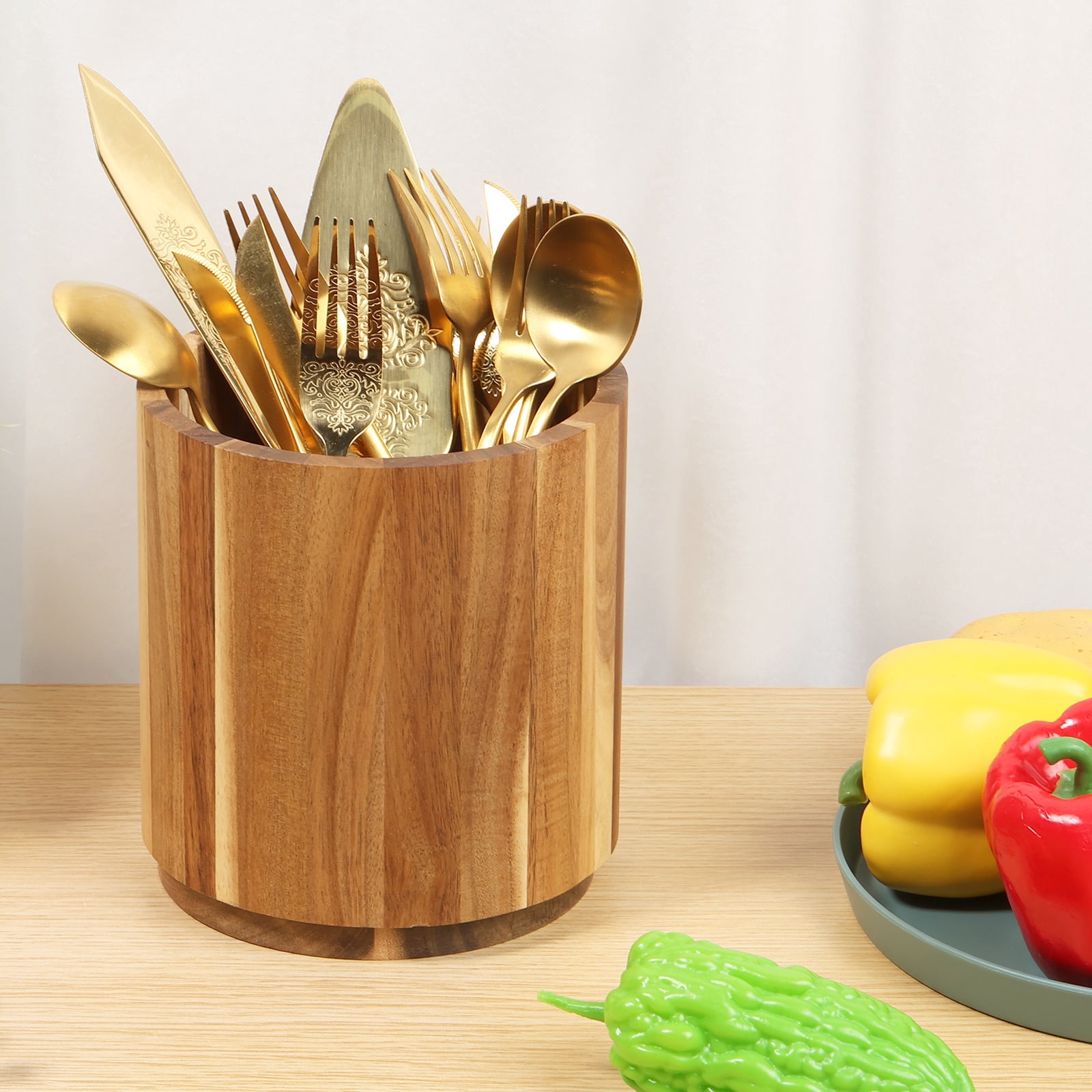 LINFANG 360° Rotating Utensil Holder Large Capacity Utensil Caddy Wooden Countertop Cutlery Silverware Caddy Holder