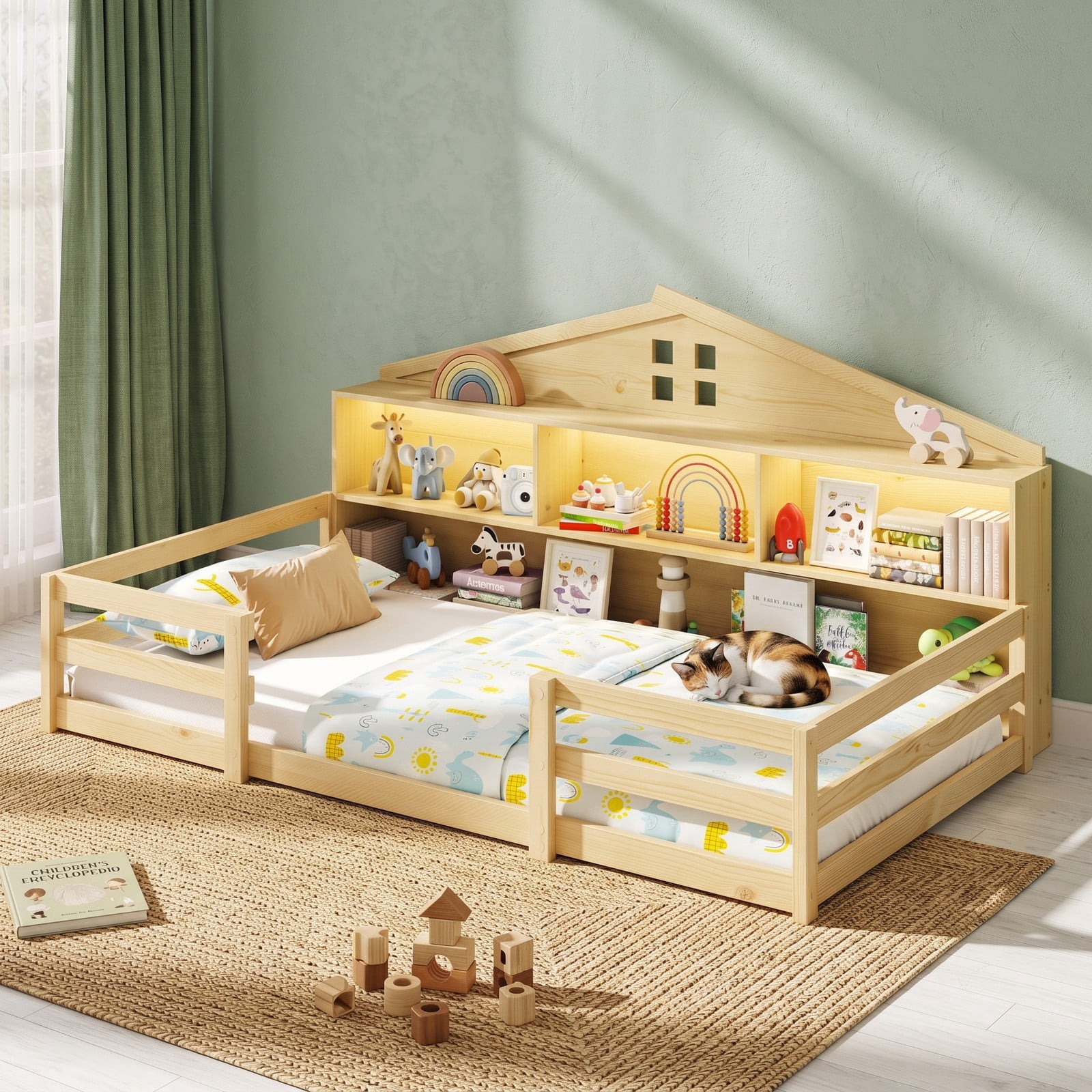 Furnibear Twin Bed Frame Montessori Floor Bed for Kids, House Bed with Headboard Storage and Open Shelf, Low Wood Twin Bed Frame for Bedroom, Natural