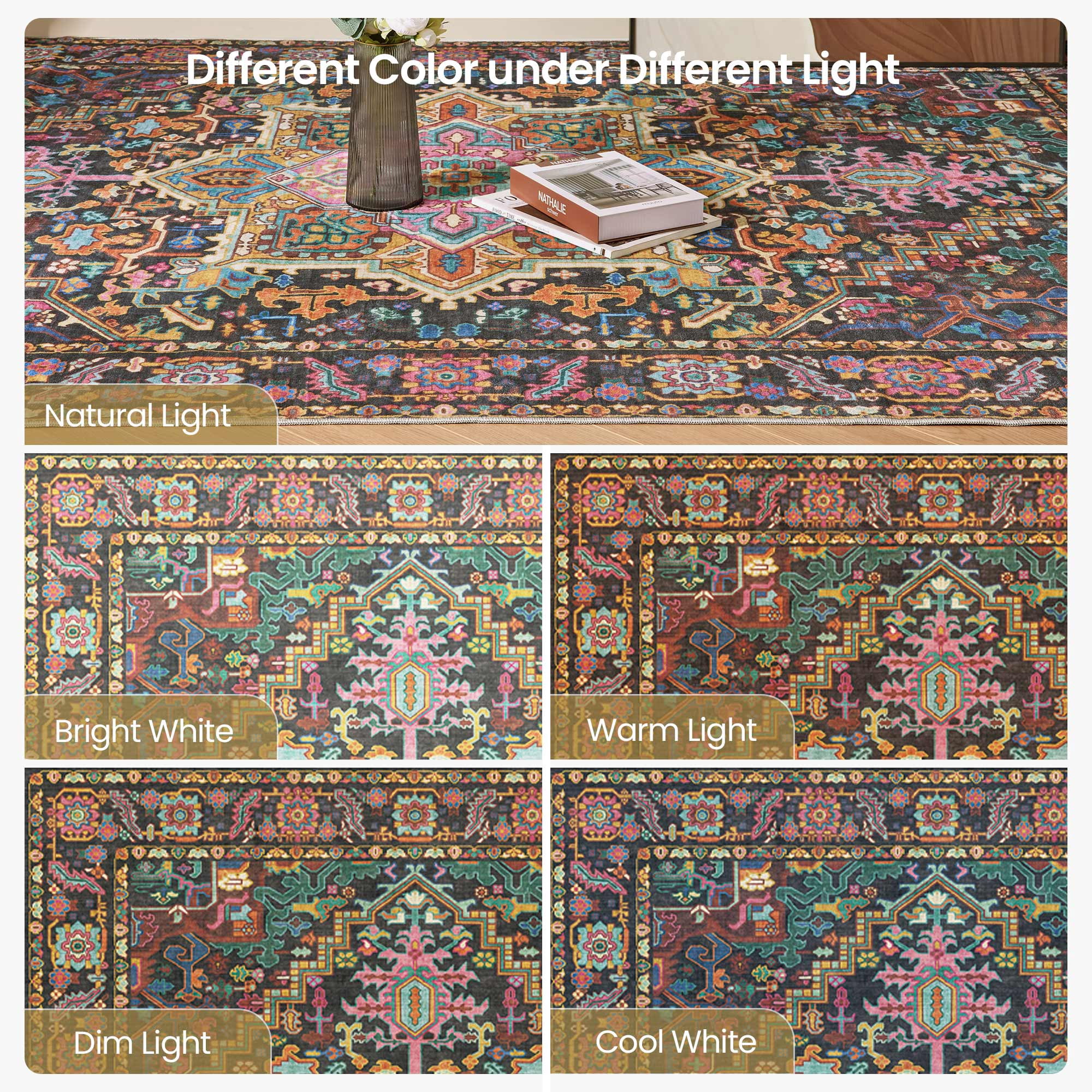 Kokia 6x9 Vintage Oriental Area Rug for living Room, Black and Pink Low Pile Stain Resistant Non-Slip Washable Rug for Bedroom with Distressed Medallion Pattern