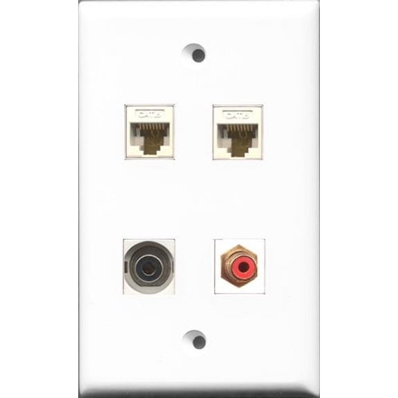 RiteAV 1 Port RCA Red and 1 Port 3.5mm 2 Port Cat6 Ethernet White Wall Plate
