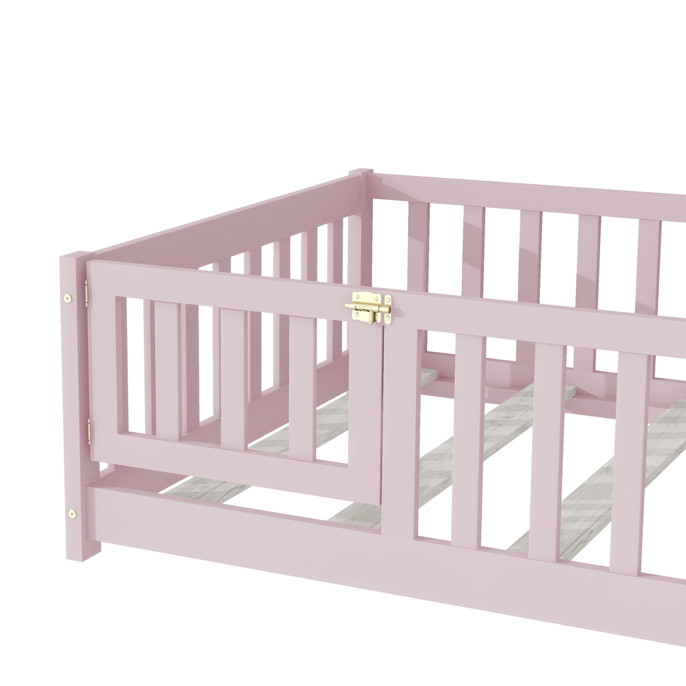 Noble House Mira Twin Floor Bed with Fence and Door, Sturdy Rubber Wood Montessori Bed Frame, Kid's Room, Pink