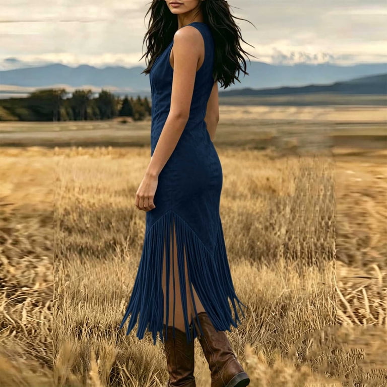 western bodycon dress for women Karymi Faux Suede Midi Dress, Sleeveless U Neck Front Zip V Hem Fringe Cowgirl Party Dresses Perfect for special occasions. Sexy Evening Gowns Boho | Dimitra Designs Size:7-8Y (30)