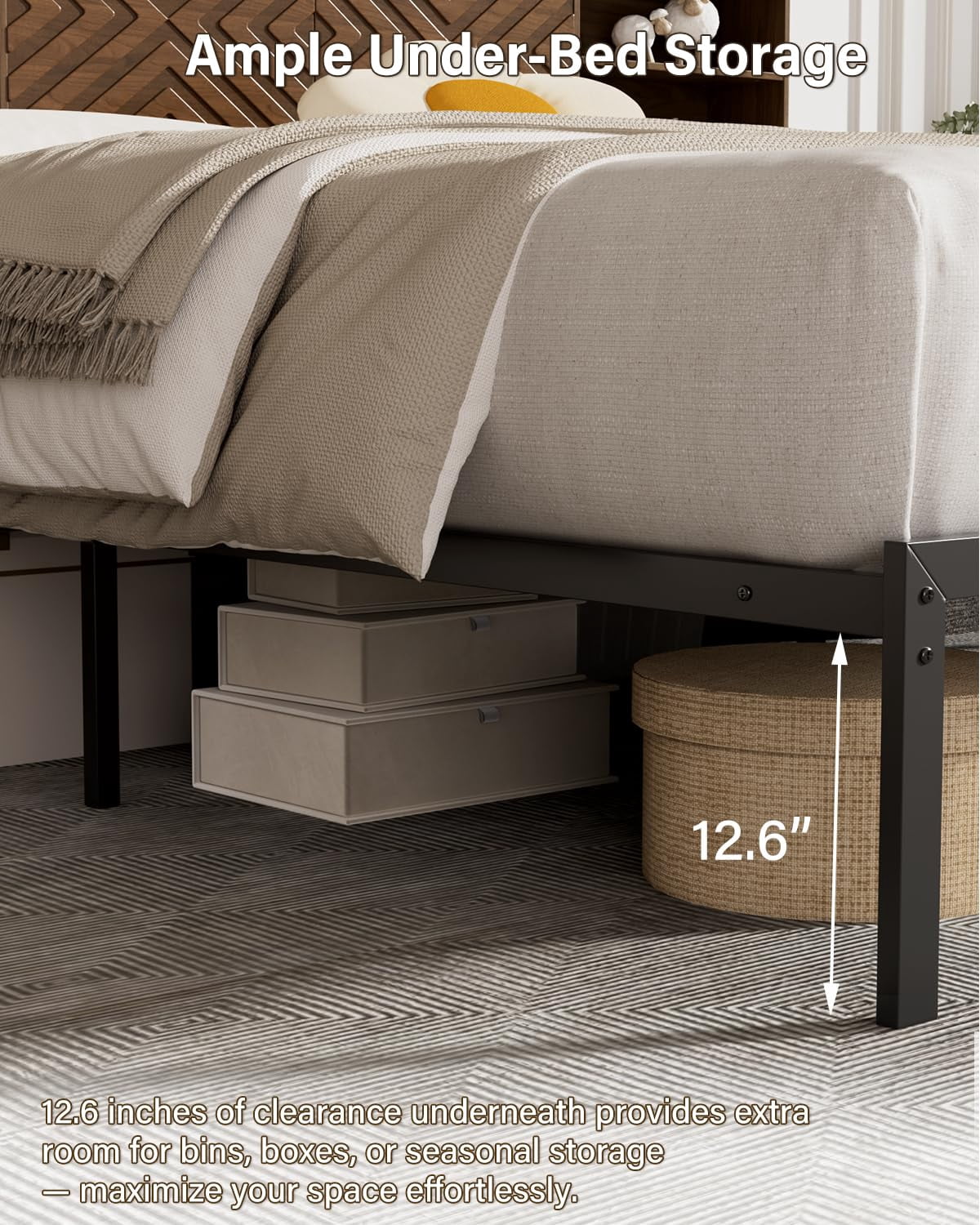 Farmhouse King Size Bed Frame with Move Storage Headboard & 2 Drawers, Platform Bed Frame with 3-in-1 Charging Station, Upholstered Bed Frames with Metal Slats Support