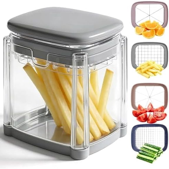 4-In-1 French Fry Cutter for Potatoes, Apple Slicer, Chopper Vegetable Cutter - Dicer Chopper for Carrots, Cucumbers, Onion, Tomato (Gray 4-in-1 French Fry Cutter)