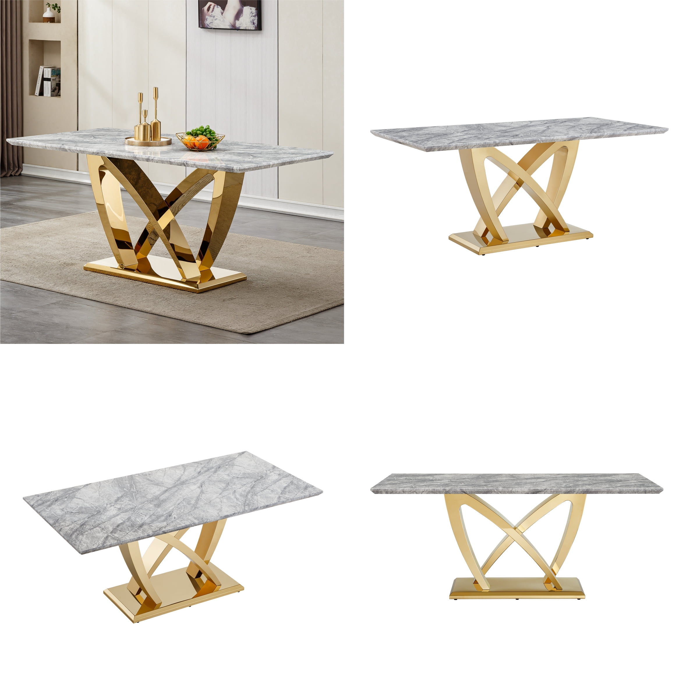 Shikeyi 70" Marble Dining Table for 6-8, Modern Luxury Gold Rectangular Large Kitchen Table, Marble Grain MDF Tabletop & Stainless Steel Base for Kitchen Dining Room, Grey (Table Only)