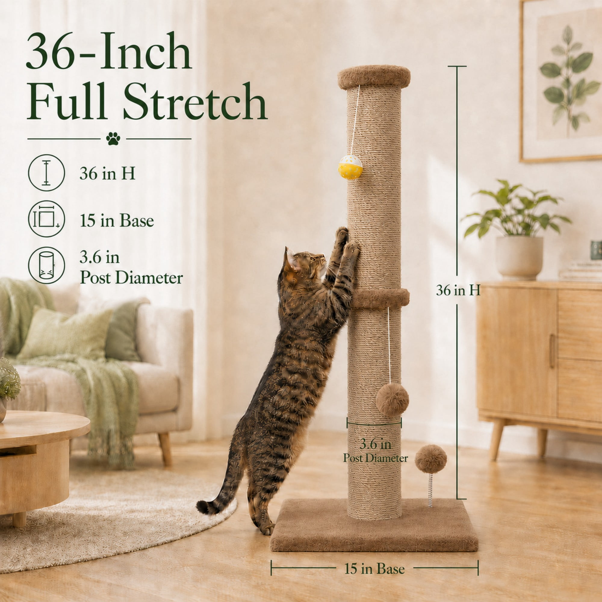 PELUOMOZ 36-Inch Cat Scratching Post for Indoor Cats, Brown Sisal Cat Scratcher with Plush Base and Interactive Toys