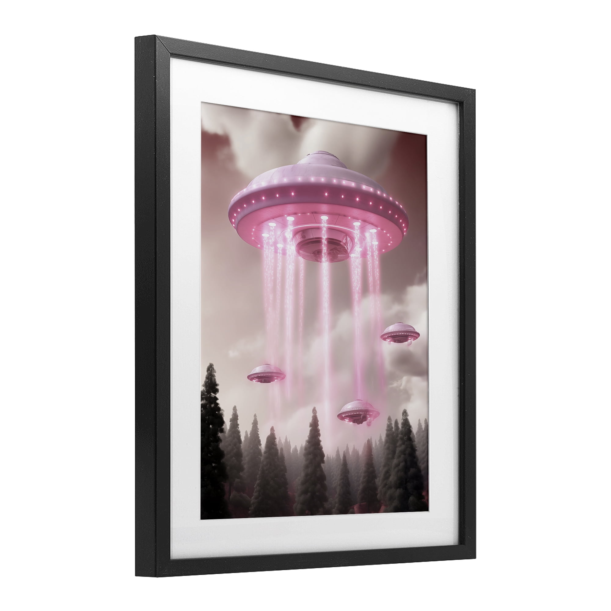 Glam UFO with Pink Beams Black Framed Print Under Glass, design by Sasha