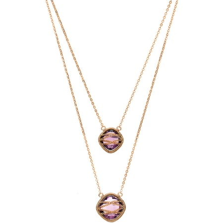 5th & Main Rose Gold over Sterling Silver Hand-Wrapped Double-Drop Squared Amethyst Stone Necklace