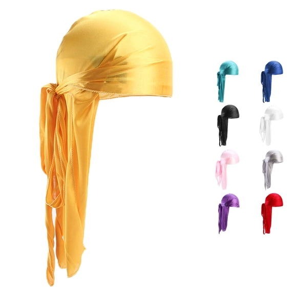 Xijirk Silky Satin Durag with Extra Long Tie Tails Elastic Seamless Head Wrap Hair Compression Headscarf for 360 Wave Styling Hop Daily Hair Care,Yellow,One Size