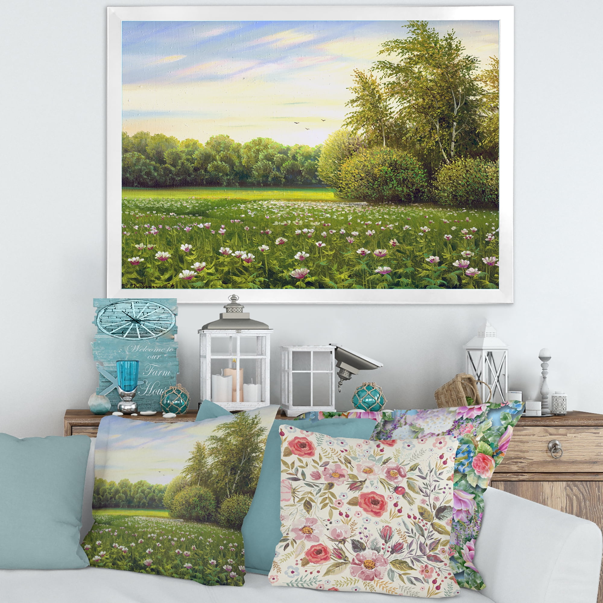 Designart 'Spring Trees By The Flowers and Meadows' Country Framed Art Print
