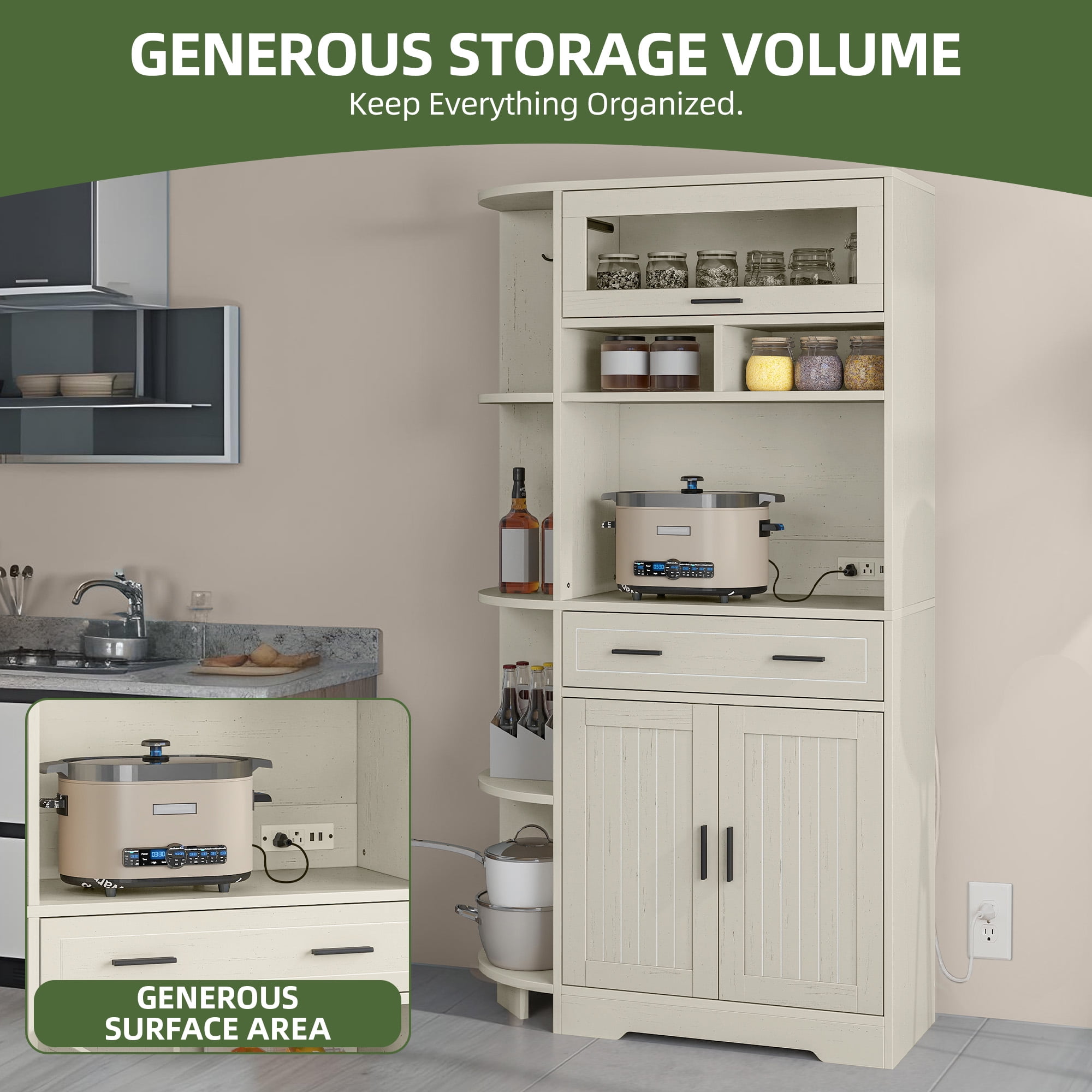 Uforic 67"H Pantry Storage Cabinet with Power Outlets, Kitchen Cabinet with Doors & Drawer, White