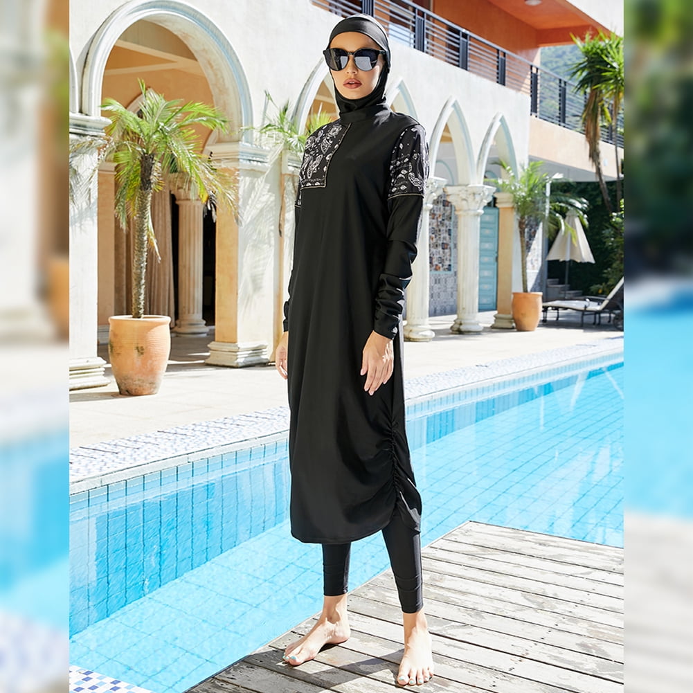 IBTOM CASTLE Muslim Swimsuits for Women Modest Islamic Arabic Swimwear Burkini Full Cover Hijab Top Pants Swimming Cap Bathing Suits XL Black - Ruched Hem
