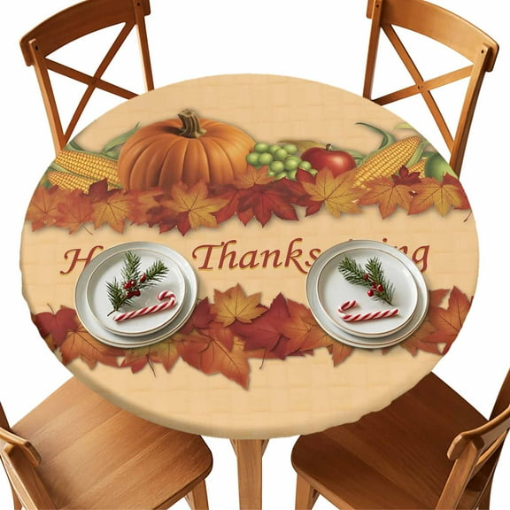 Round Tablecloth Fall Happy Thanksgiving Elastic Edge Fitted Autumn Pumpkin Maple Leaf Plastic Table Cover,Waterproof Oil Proof for Dinner,Outdoor, Picnic, 45"- 54" DIA Tables
