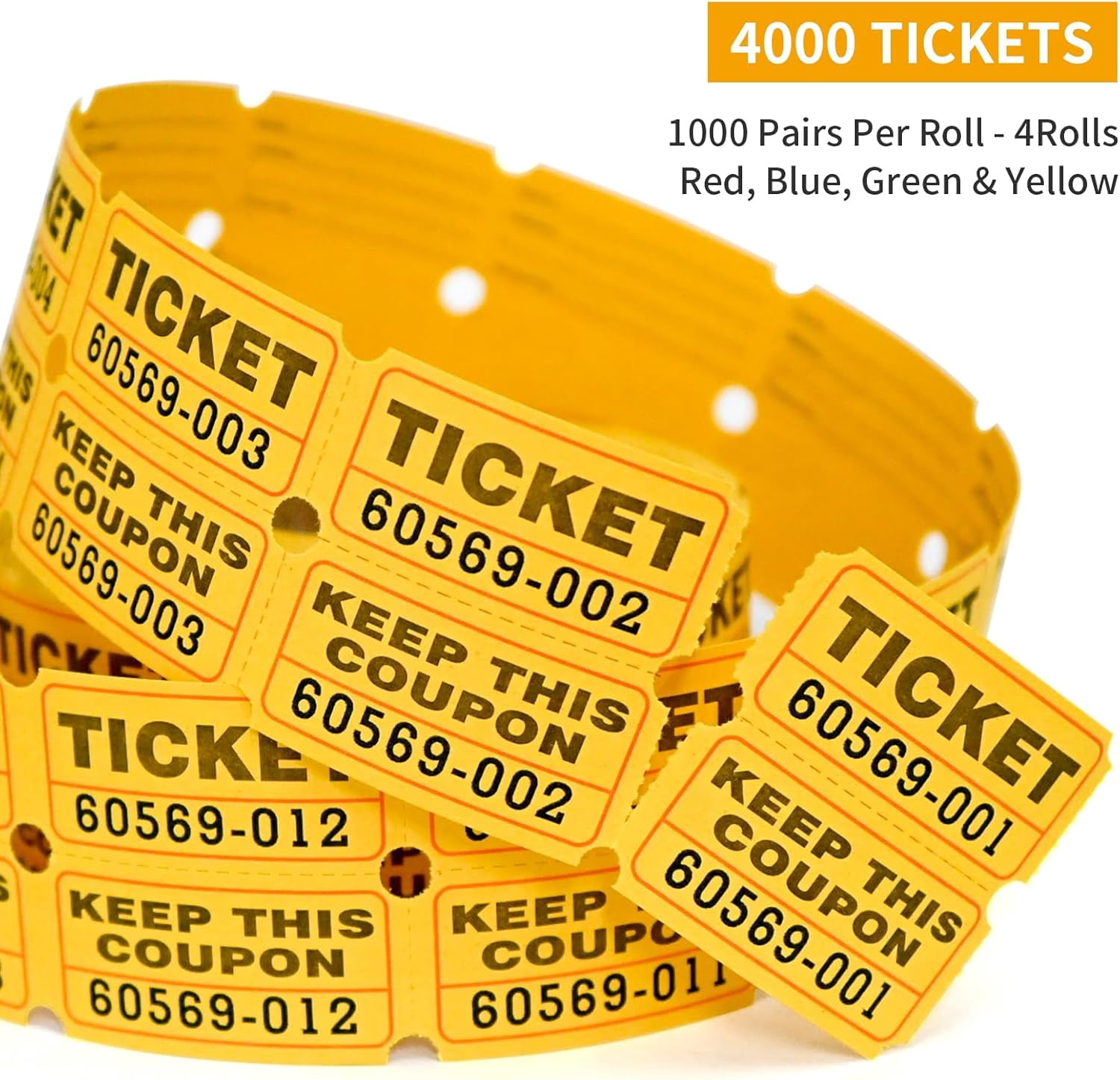4000 Pairs Double Raffle Tickets - 4 Assorted Colors (Blue, Yellow, Red, Green), 1000 Tickets per Roll for Events, Fundraisers & Parties