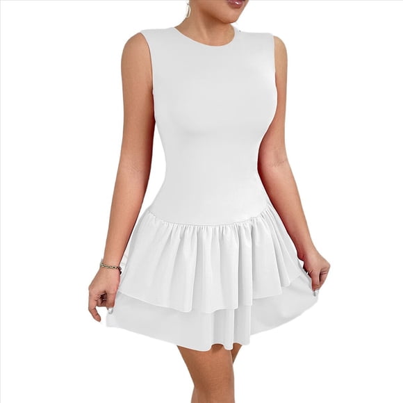 Vestido Corto de Verano para Mujer, Sin Mangas, Cuello Redondo, Tirantes Finos, Holgado, con Volantes, con , para Cóctel, Color , Talla L