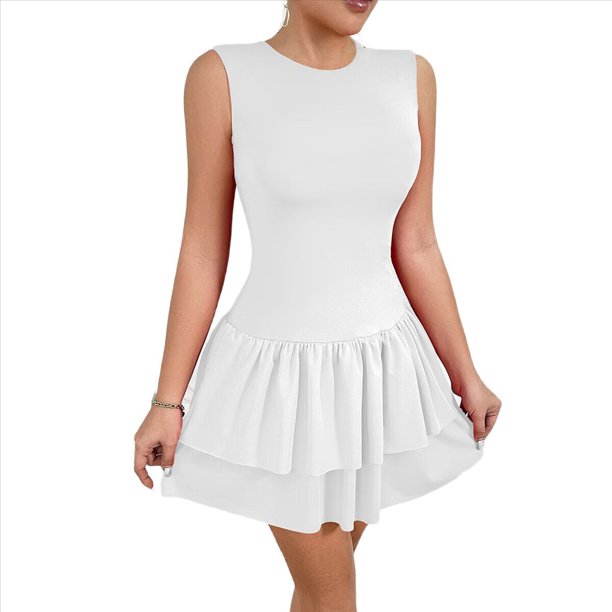 Vestido Corto de Verano para Mujer, Sin Mangas, Cuello Redondo, Tirantes Finos, Holgado, con Volantes, con , para Cóctel, Color , Talla L