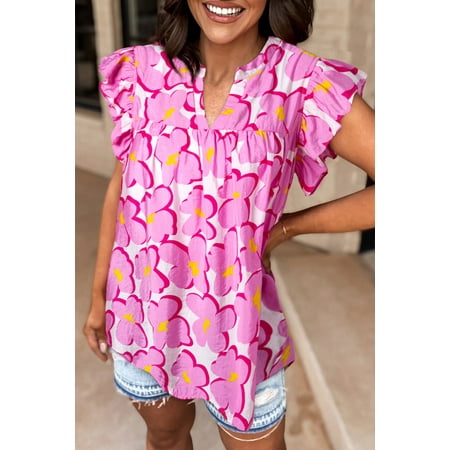 I AM A FASHION JUNKY Rose Floral Ruffled Sleeve Babydoll Blouse (Rose  M  81%Viscose+19%Polyamide)