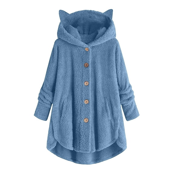 cocolona Womens Plus Size Coat Fall Winter Fuzzy Fleece Jackets Long Sleeve Button Up Hooded Jacket Coats with Ears