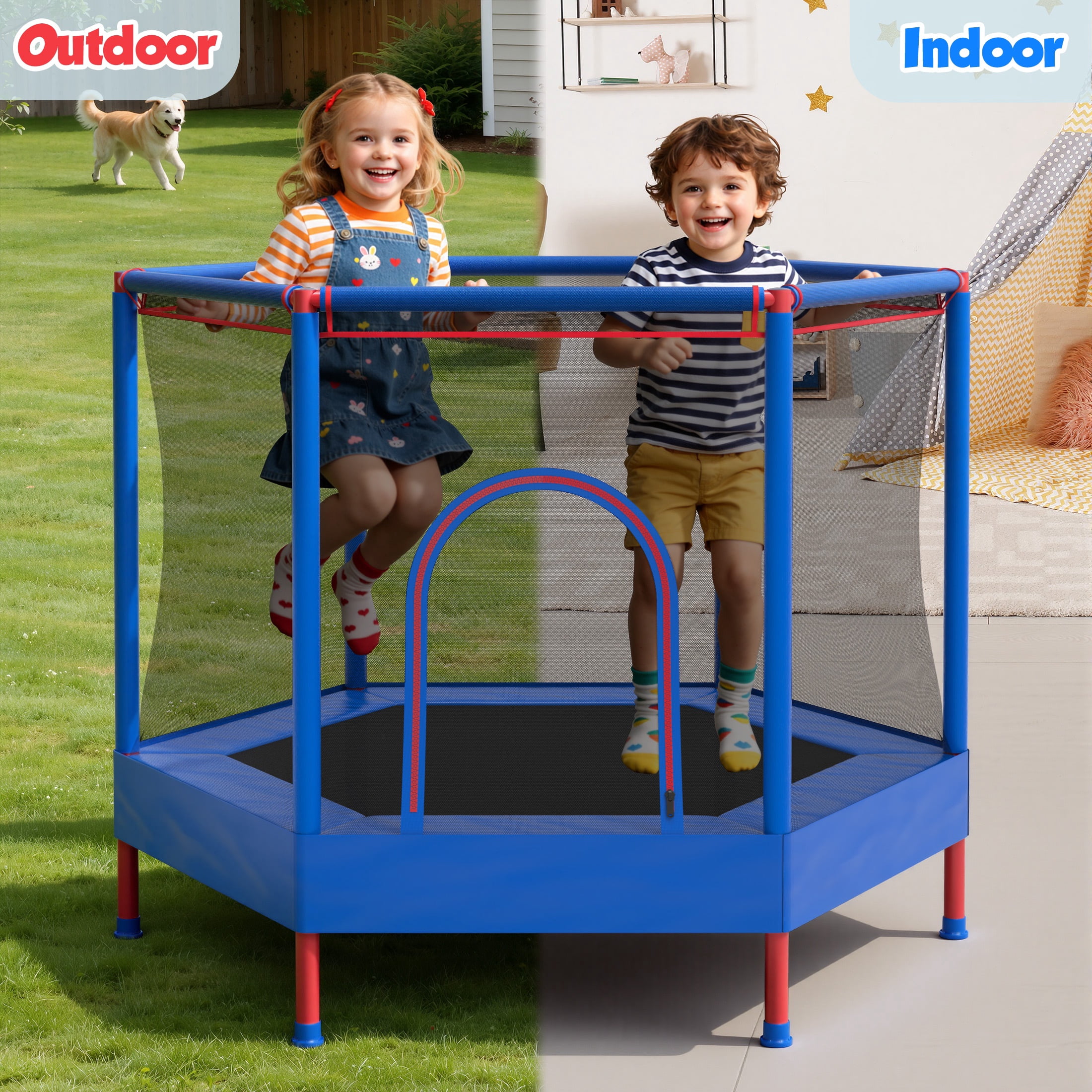 SHINPT 55'' Kids Trampoline with Safety Net, No-Gap Toddler Trampoline Indoor&Outdoor, Mini Trampoline for Kids Ages 3-8, 4.5FT Small Trampoline with Enclosure, Easy Assembly