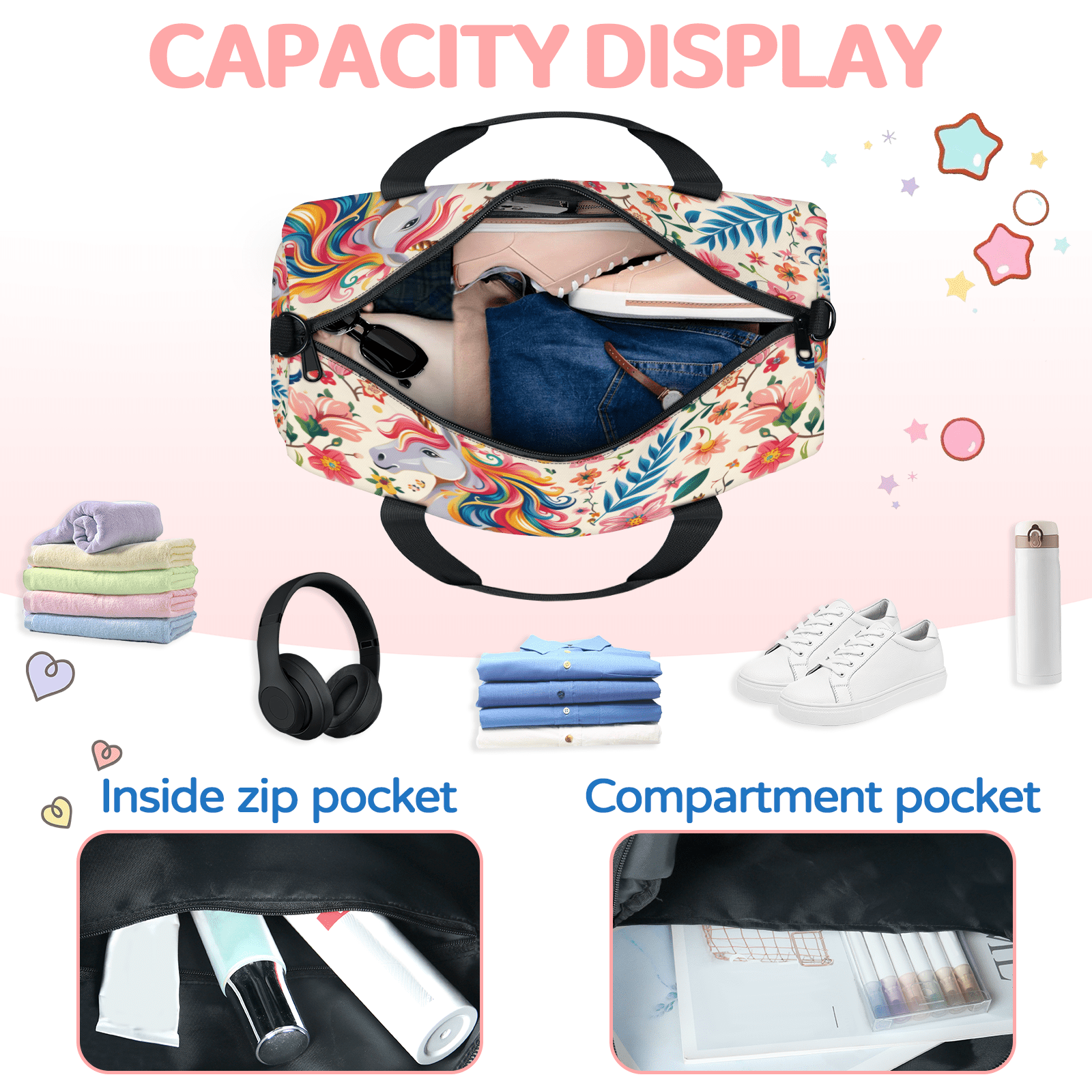 Herdesigns Unicorn Travel Duffle Bag Sports Yoga Weekender Overnight Carry on Workout Bags Lightweight Waterproof Gym Tote Bag for Women Colorful Animal