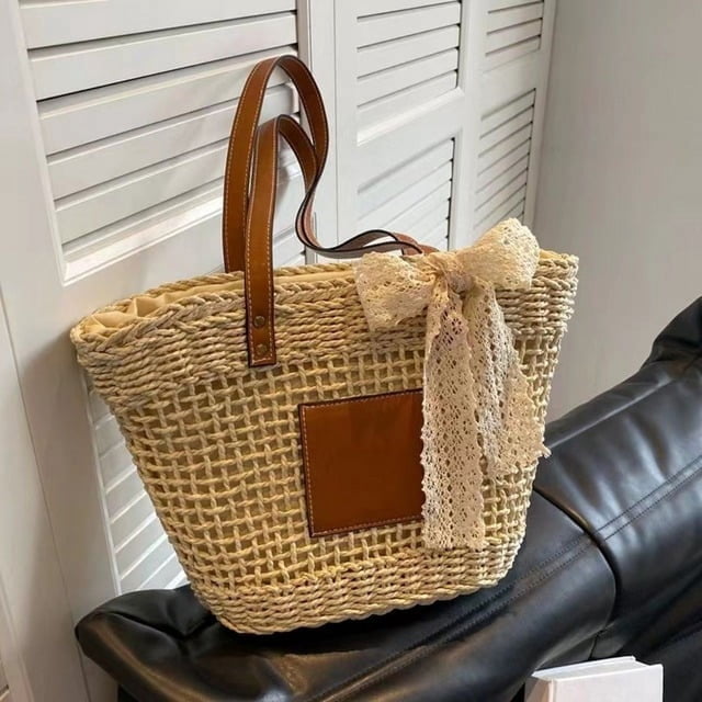 LNGOOR Sac à Bandoulière Grande Capacité en Paille Tissée à la Main pour Femmes