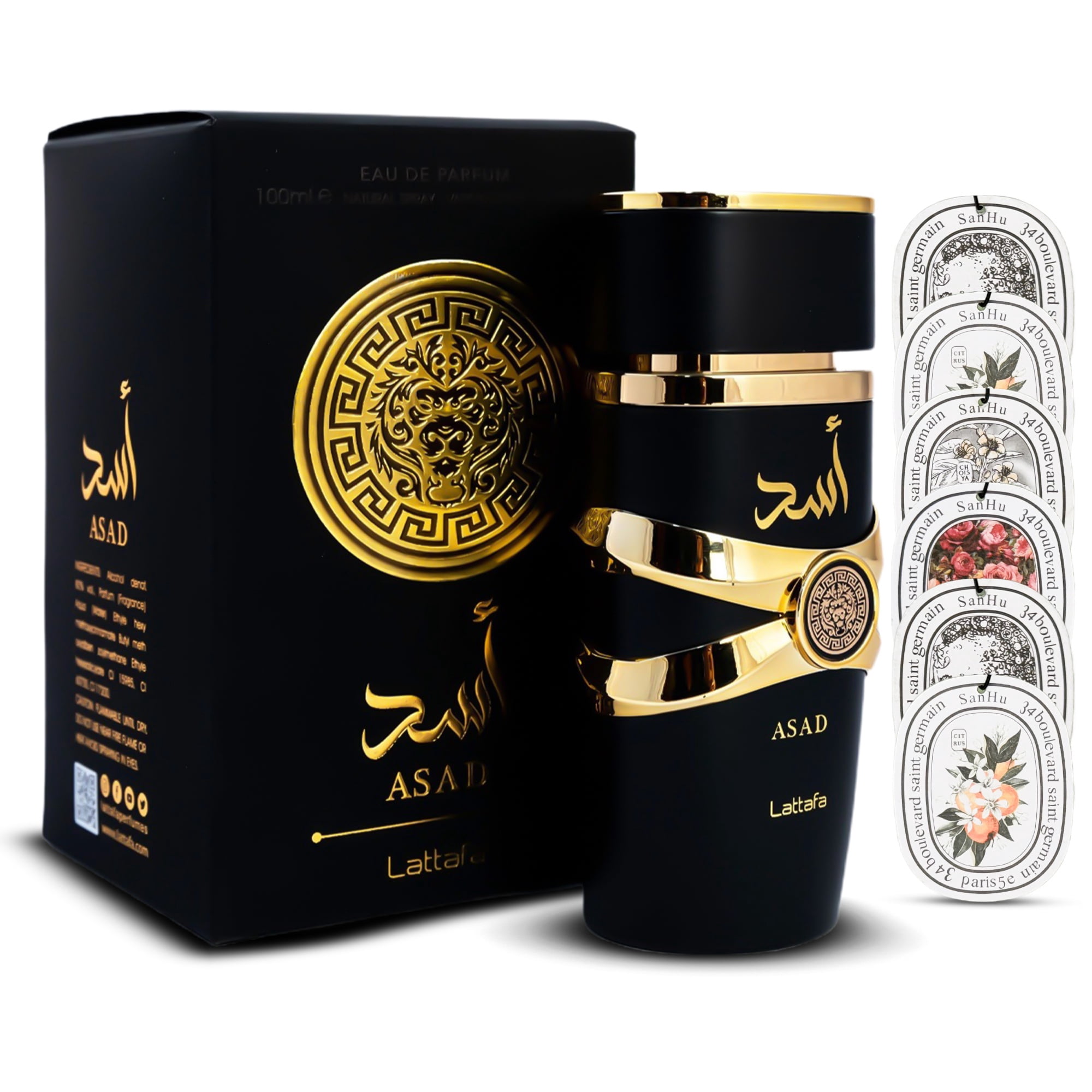 Aromaque Lattafa Perfumes Bundle: Asad Eau De Parfum 3.4oz + 4 Scented Cards