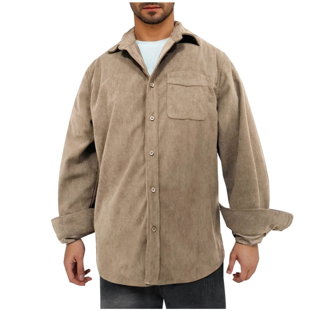 LNWUY Corduroy Shirts for Men Spring Autumn Long Sleeve Button Down Casual Ribbed Shacket Slim Fit Lightweight Jacket Yellow XS