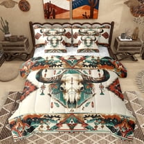 Homewish Vinatage Bull Skull 7-Piece Twin Bedding Sets,Retro Bohemain Tribal Bedding Comforter Set,Beige Cyan Orange Sheet Sets For Boys Kids,Breathable Home Decor Reversible