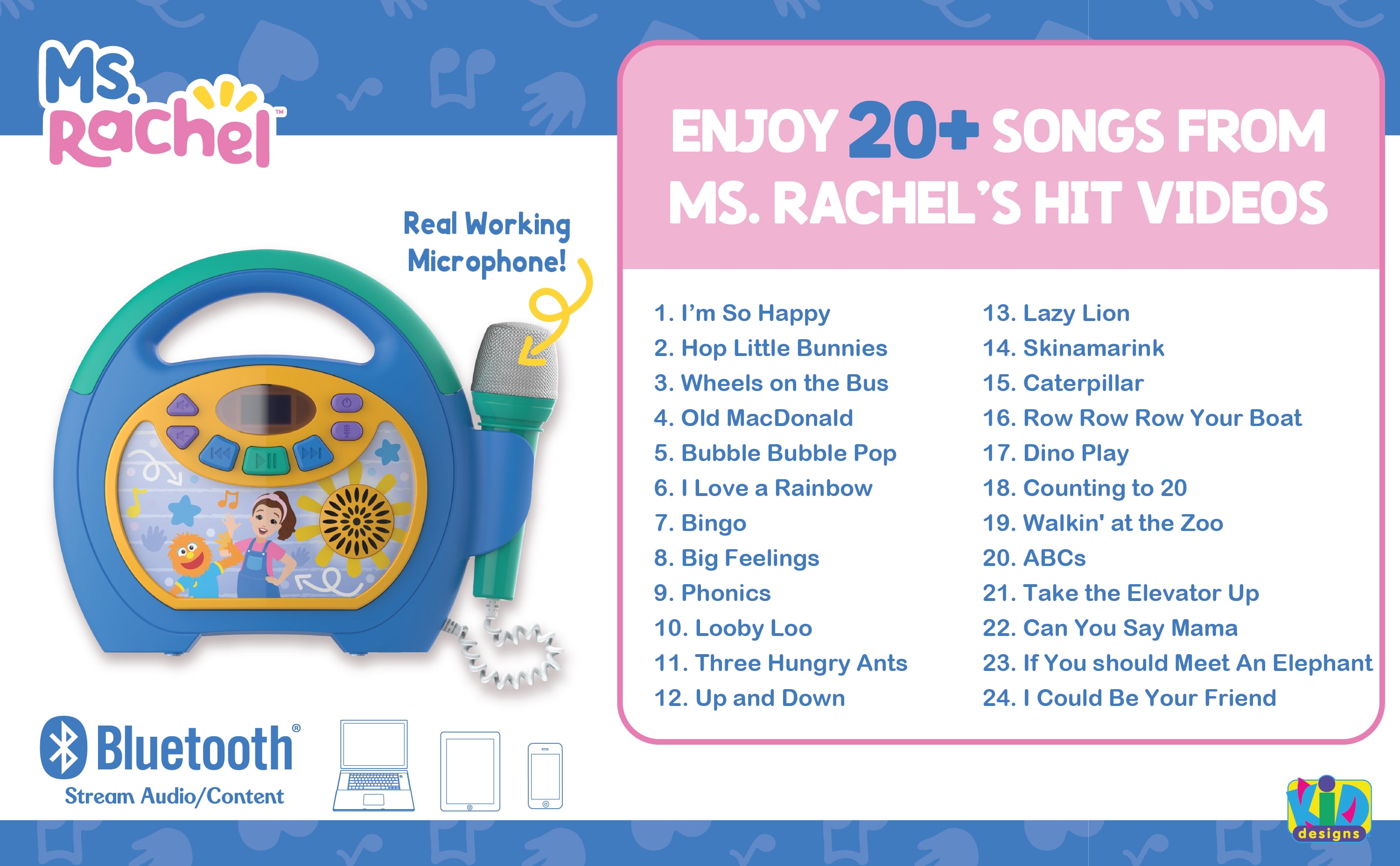 Ms. Rachel Kids Sing-Along MP3 Player with USB Port, LCD Display, and Kid-Friendly Controls