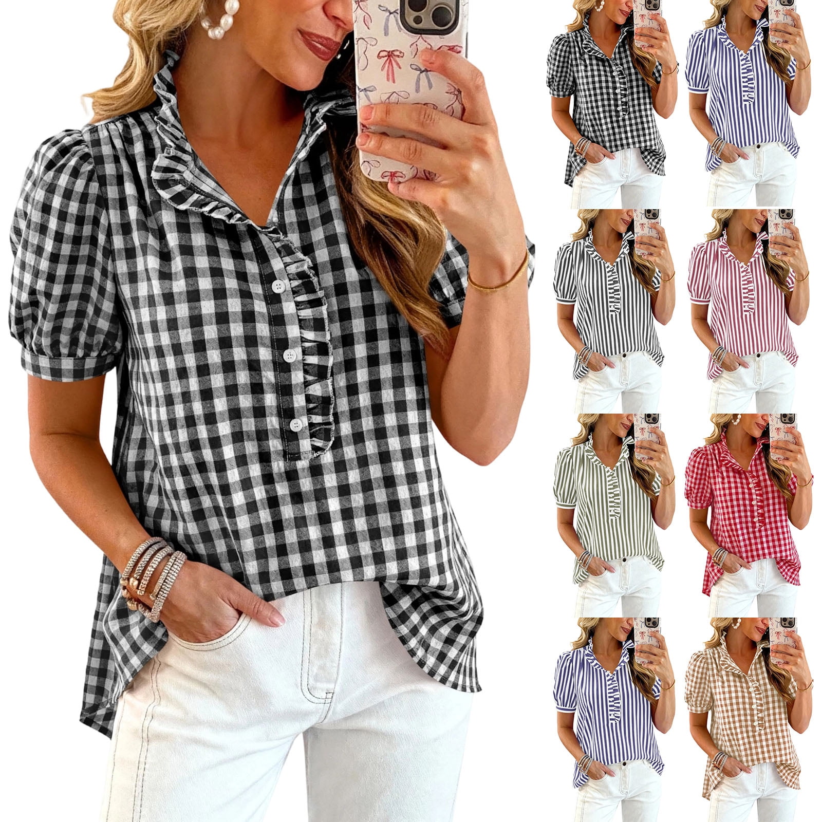Women Plaid Shirt Gingham Short Sleeve Top Button Down Ruffle V