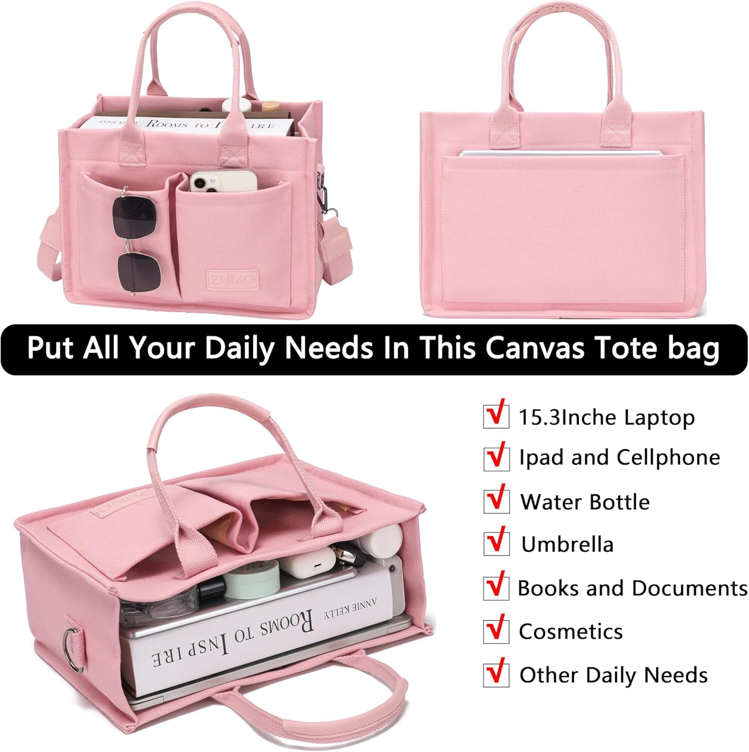 Large Canvas Tote Bag for Women With Pockets,Laptop Crossbody Purses Everything Everyday Bag Handbags for Work Beach Gym