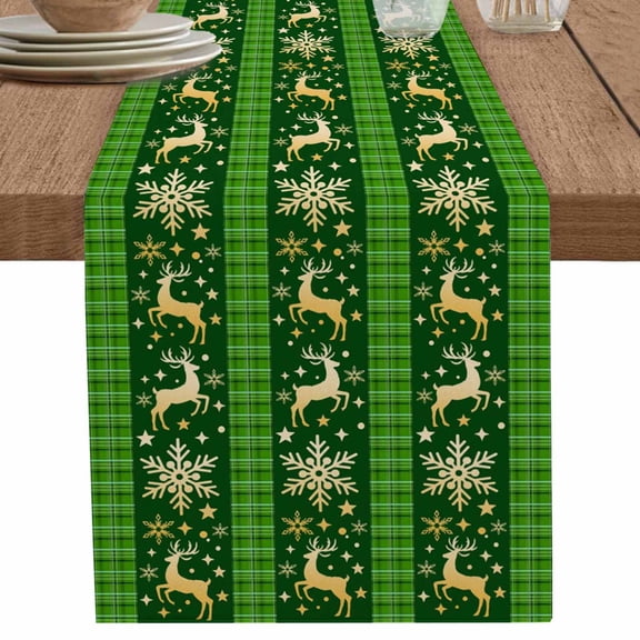 nqOlkjepod Christmas Reindeer Table Runner 90 Inches Long Farmhouse Dress Scarves, Xmas Green Plaid Winter Snowflakes Dining Tablerunner for Coffee Table/Kitchen Island/Party Décor, 13" x 90"
