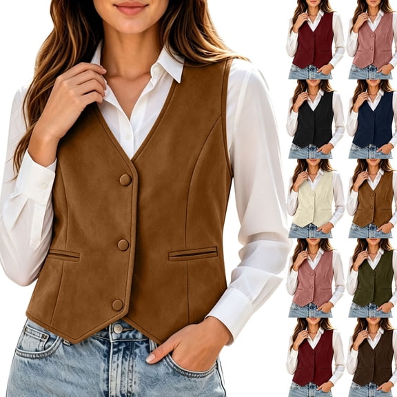 Women's Faux Suede Sleeveless Vest V Neck Button Down Business Casual Waistcoat Retro Layering Tank Jacket for Daily office Wear Wine