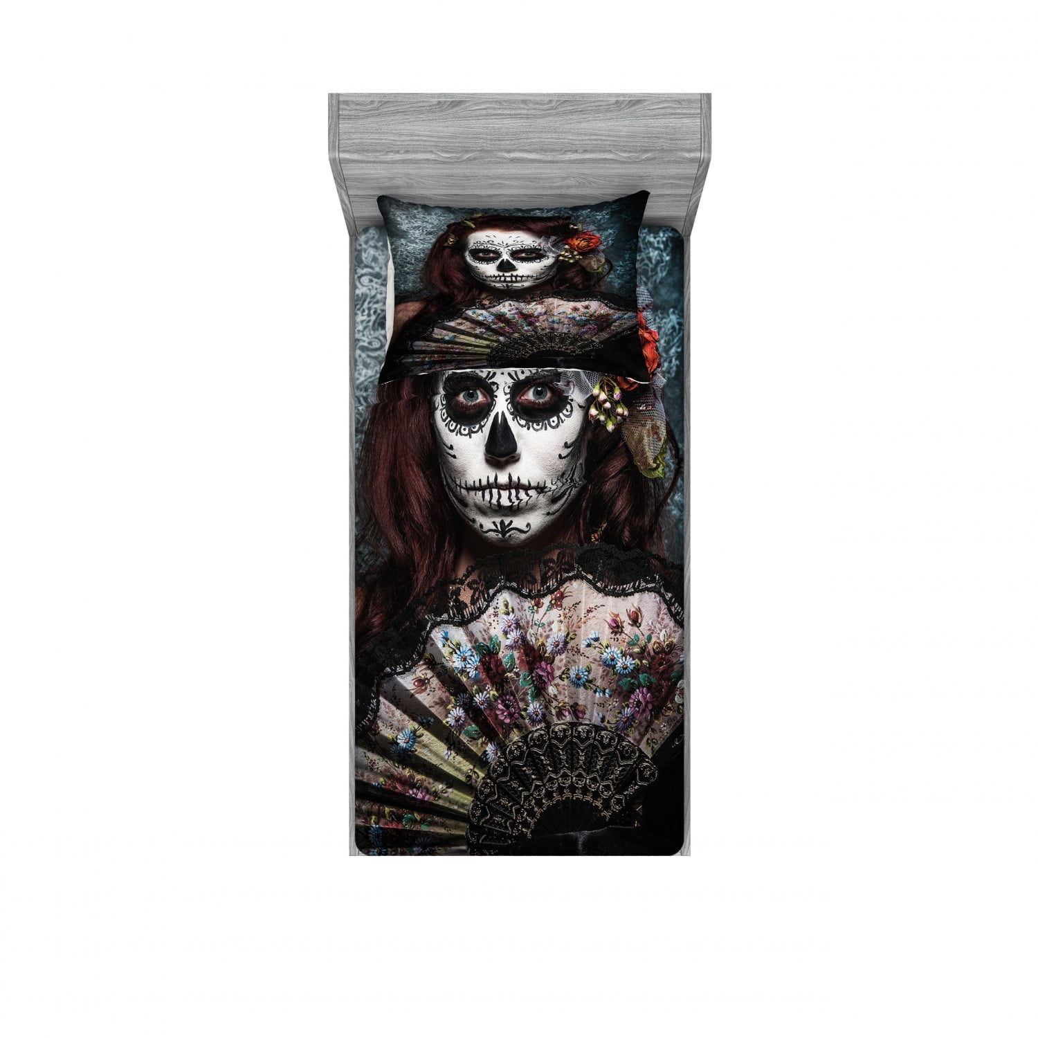 Day of the Dead Bedding Set with Sheet & Covers, Make up Artist Girl
