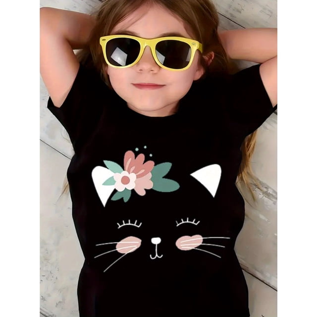 Camiseta de manga corta con estampado floral y gato para niños, 100 % algodón, cuello redondo, ideal para primavera/verano, ropa informal y divertida para exteriores | Moda juvenil | Camiseta de punt