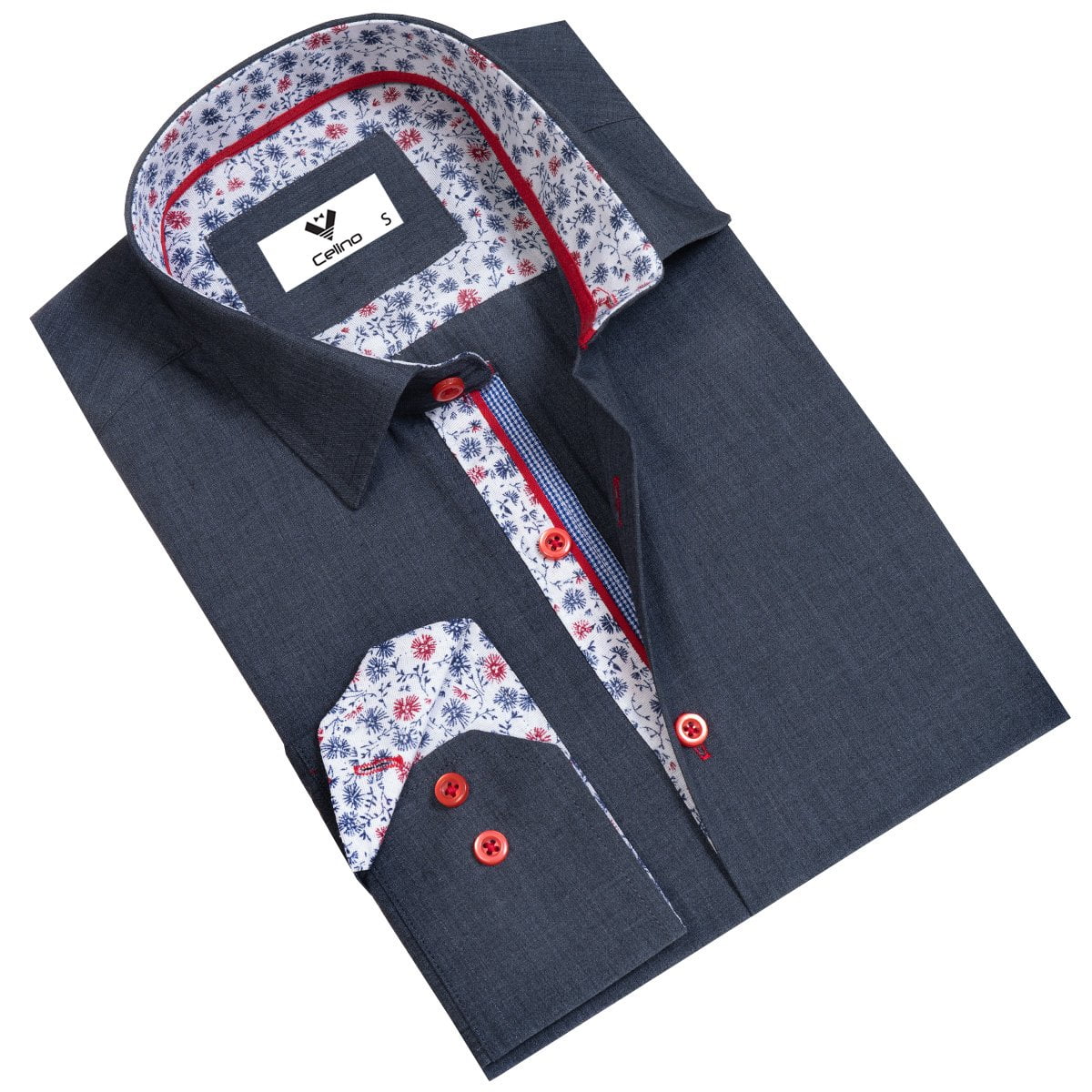 Celino Dark Blue Multicolor Pattern Mens Slim Fit Designer Dress Shirt Tailored Cotton Shirts For Work Small Other