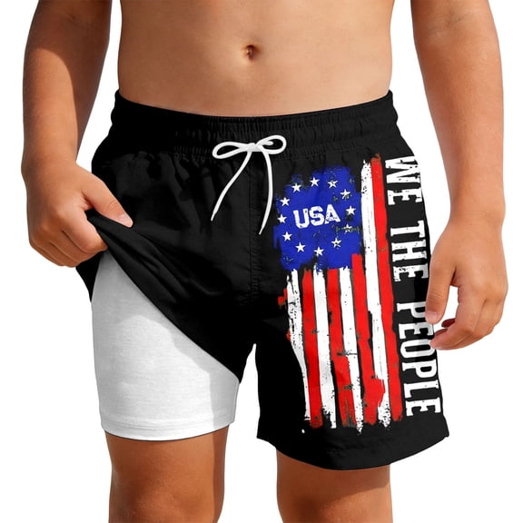 Kids Boys USA 250th Anniversary Stars and Stripes Print Swim Trunks Knee Length Double Layer Design Patriotic Theme Quick Dry Beach Shorts Black 5 Years-6 Years