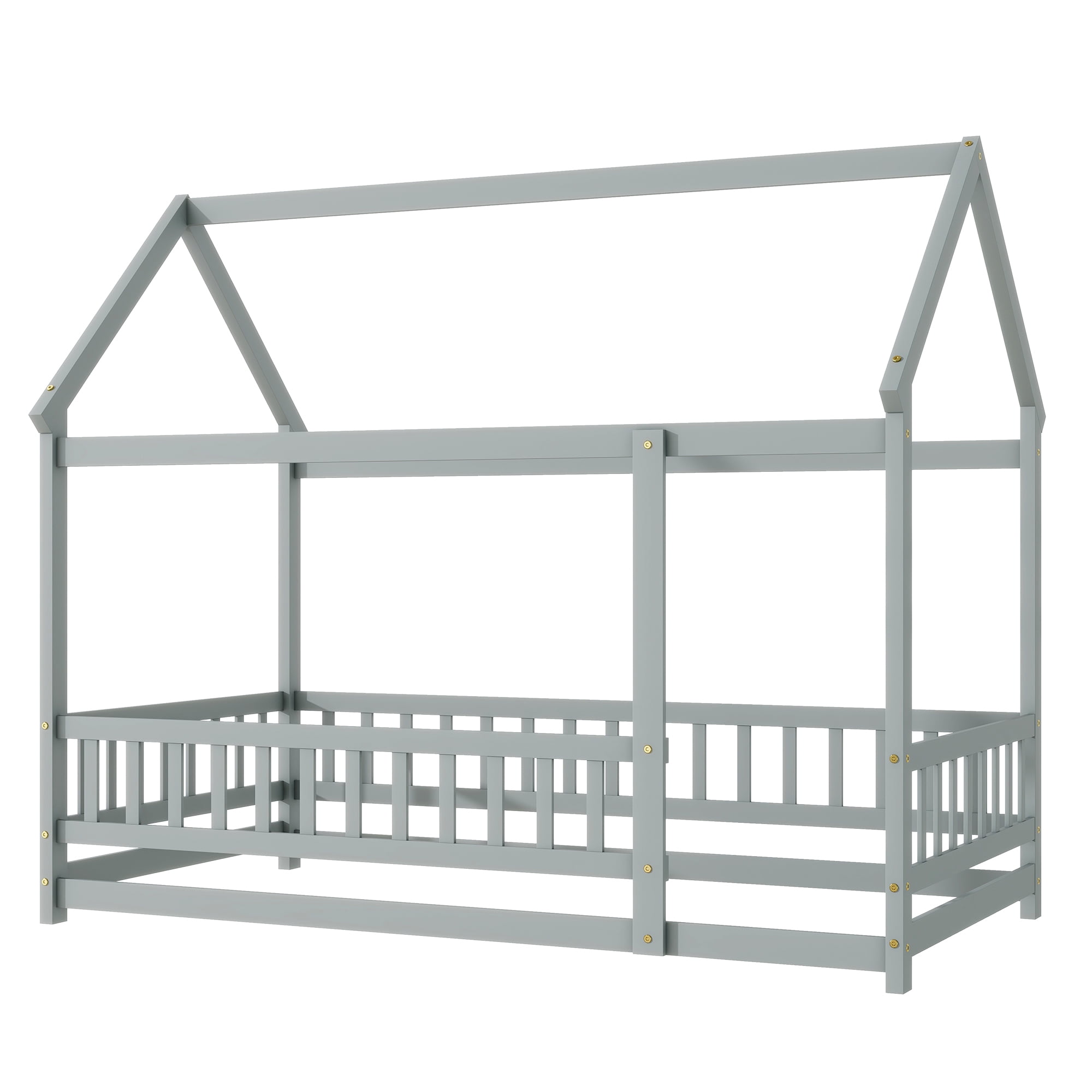 Aukfa Twin Size House Bed with Roof, Wood Floor Bed Frame with Fence for Kids Toddler, Gray