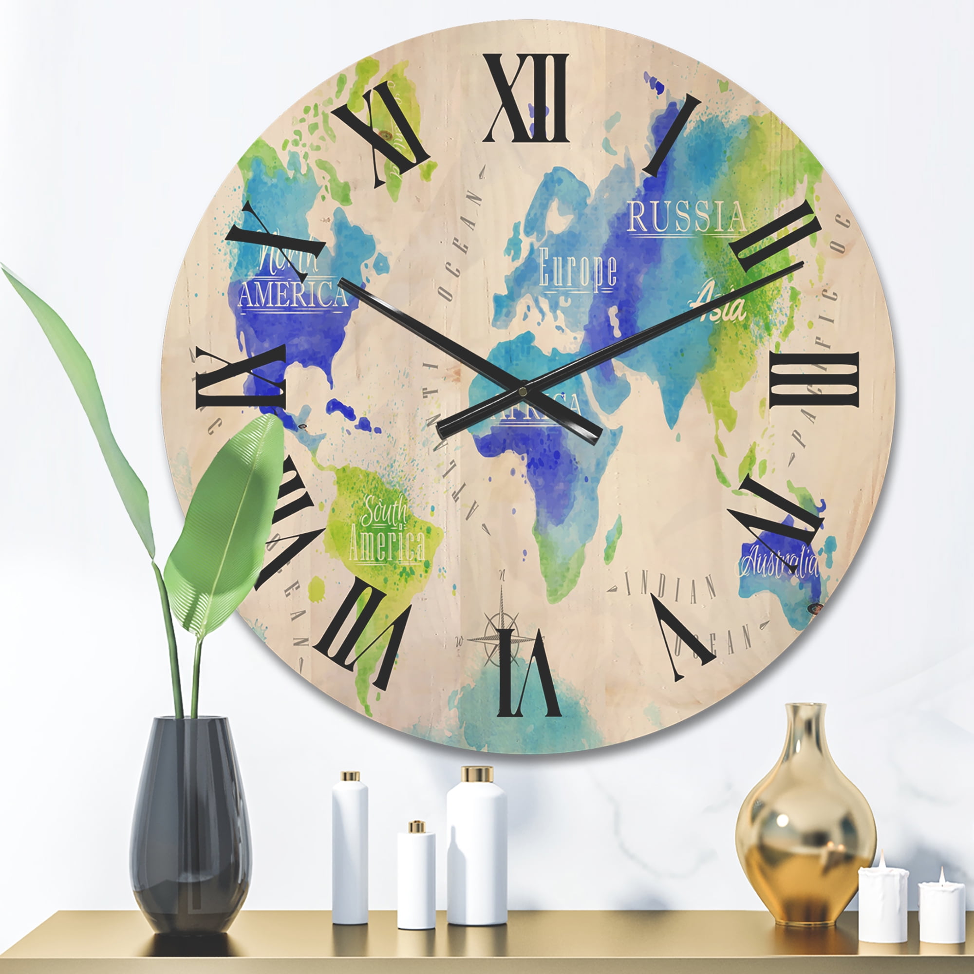 Designart 'World Map In Blue and Green' Modern Wood Wall Clock