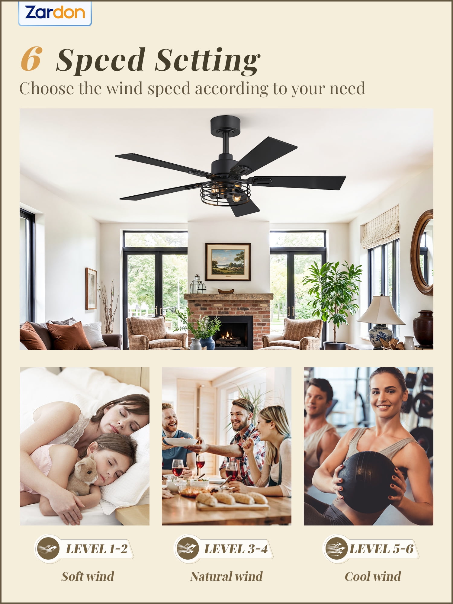 Zardon 42" Black Farmhouse Ceiling Fans with Light and Remote, 2 Pack Industrial Caged Fans with Quiet DC Motor, 6-Speed for Bedroom, Living Room, Indoor