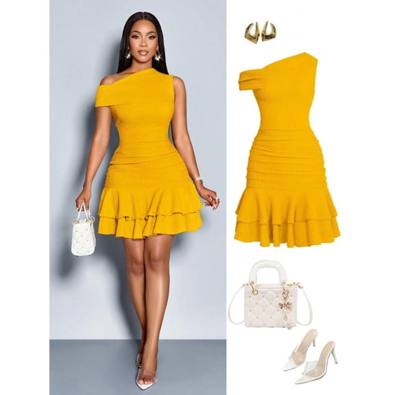 Yellow Womens One Shoulder Knit Ruched Double Ruffle Mini Dress For Party Or Daytime Wear