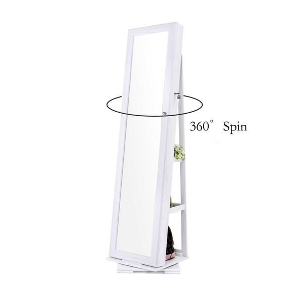 Rotatable jewelry cabinet with full body mirror, 360 degree rotatable lockable stand, white