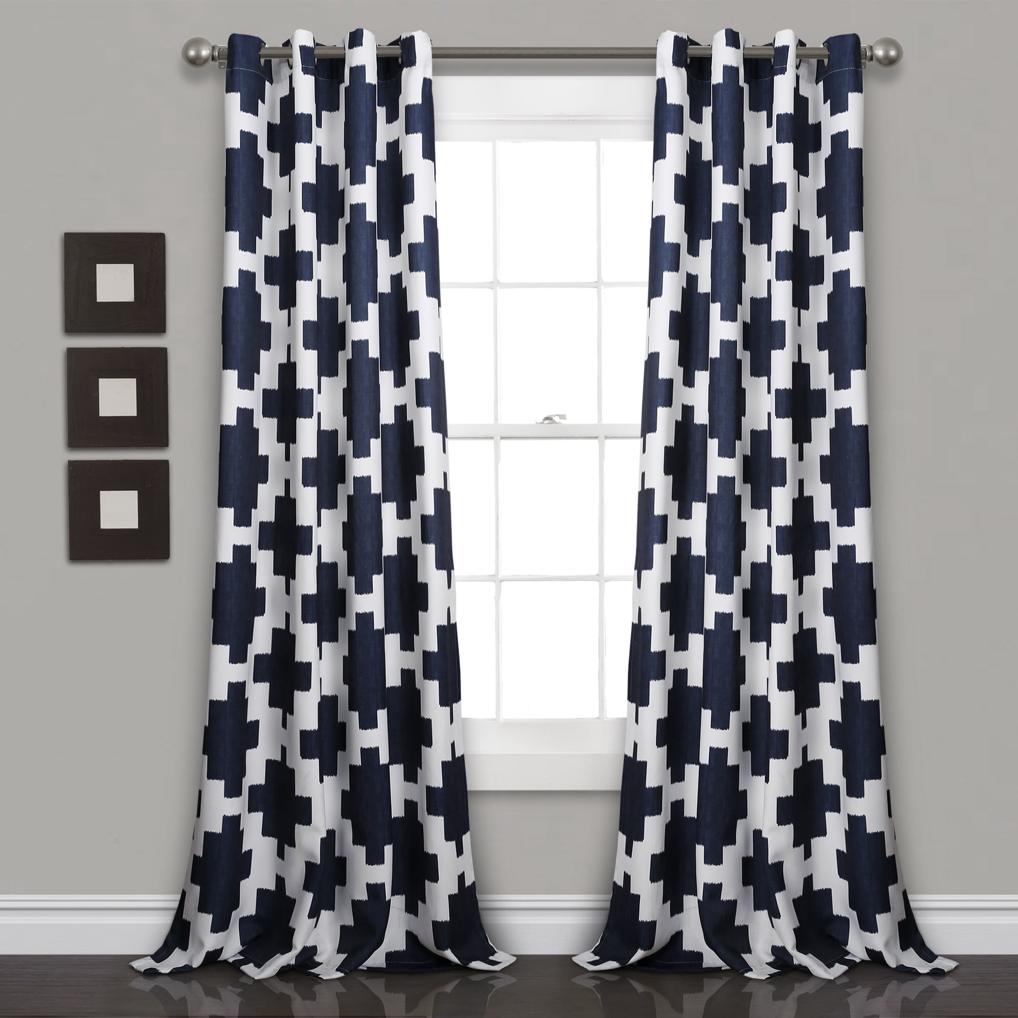 Wellow Ikat Room Darkening Window Curtain Panels Navy 52X84 Set