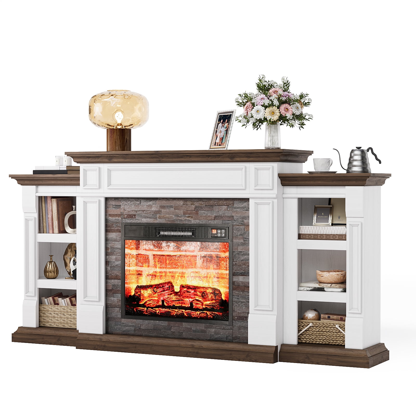 Holliwill 70" Electric Fireplace with Mantel, Farmhouse TV Stand for TVs up to 80 in, White & Brown