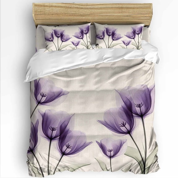 Tulip Floral Full Size Comforter Set, Spring Purple Flowers Linen Texture Soft Bedding for All Seasons, 4 Pcs Bed Set with 1Comforter (86"x86") ,1 Sheet(80"x116"), 2 Pillowcases (19"x29")