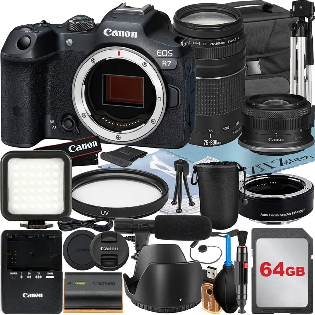 Canon EOS R7 Mirrorless Camera with RF-S 18-45mm + EF 75-300mm Lens + Mount Adapter + 64GB Memory Card + Case + LED Flash + ZeeTech Accessory Bundle